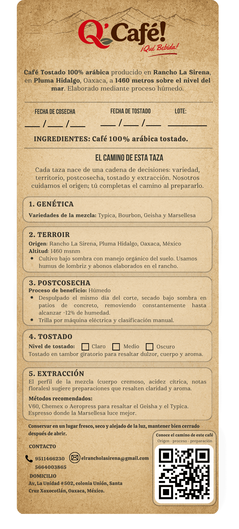 Etiqueta frontal de Q' Café